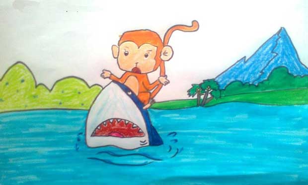 猴子骑在鲨鱼背上出海