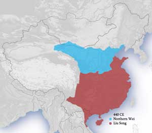 440年南北朝前期疆域图，红色为南朝宋