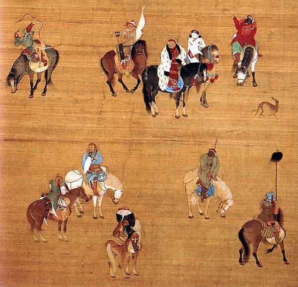 元朝画家刘贯道于至元十七年（1280年）二月绘制的《元世祖出猎图》，其中骑著黑马、身穿白裘的男子是元世祖忽必烈。