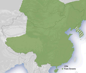 1294年元朝疆域（绿白相间部分为附庸国高丽）