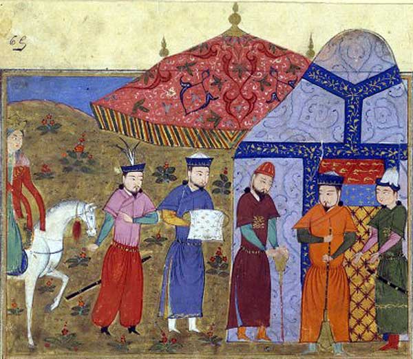 金宣宗为了与蒙古合谈以解中都之围，1214年将金帝完颜永济的女儿岐国公主（图中左边马上的人物）送给成吉思汗和亲